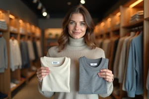 Femme comparant deux pulls taille M et L dans une boutique de vêtements, expression concentrée