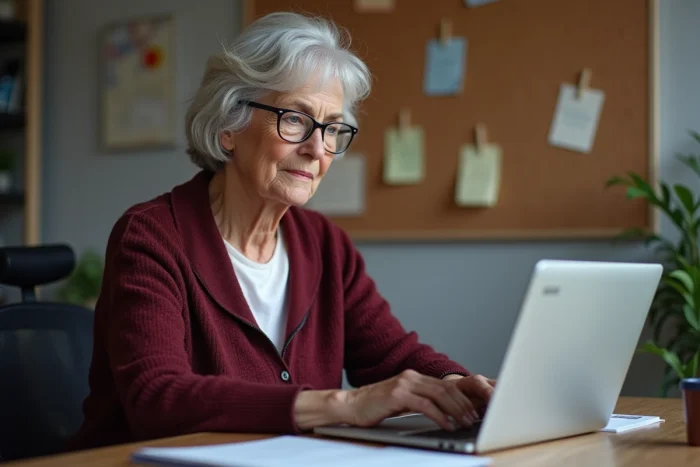 Femme se connectant à l'espace client La Banque Postale sur ordinateur pour retrouver son identifiant en ligne