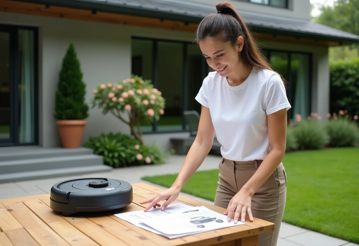 Jeune femme pointant un manuel de tondeuse robot sur la table