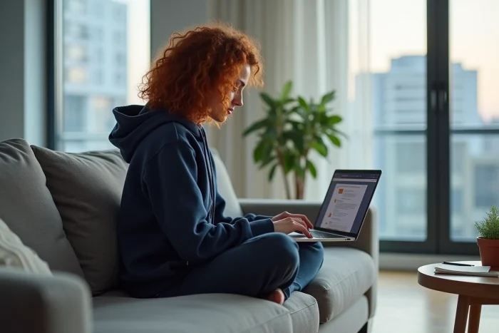 Femme consultant la page sitemap d'un site Linux sur son ordinateur portable dans un appartement moderne