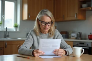 Femme consultant un document bancaire de La Banque Postale à la maison pour retrouver son identifiant