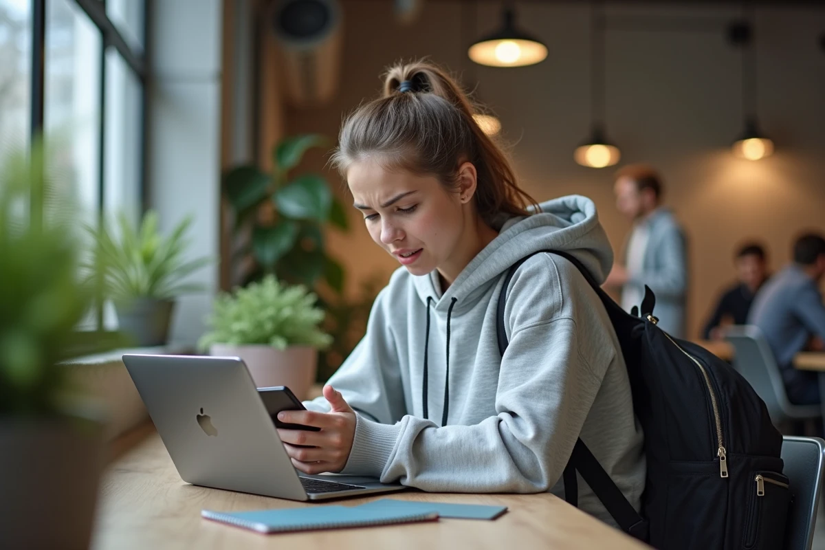 Jeune femme au coworking avec smartphone et tablette
