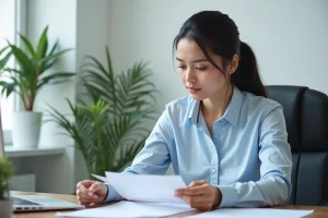 Femme consultant des documents administratifs liés à son inscription à France Travail après signature d'un CDI