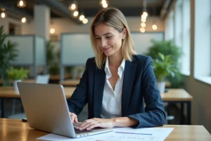 Femme indépendante travaillant sur son ordinateur portable dans un espace de coworking professionnel