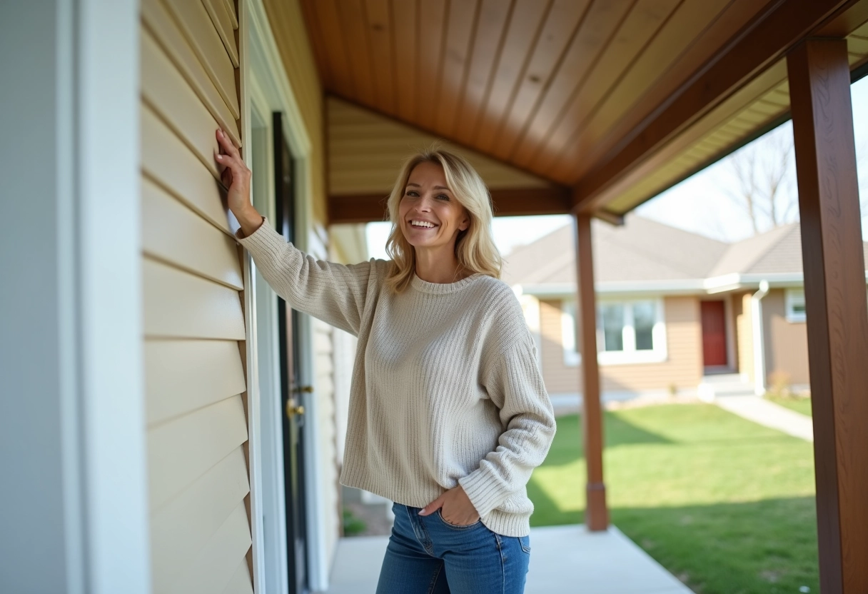 Femme inspectant un soffit PVC propre sur la véranda