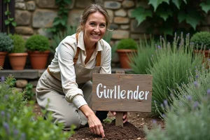 Femme jardinière plantant un panneau en bois peint dans un petit jardin d'herbes aromatiques urbain avec des pots en terre cuite et un mur en pierre