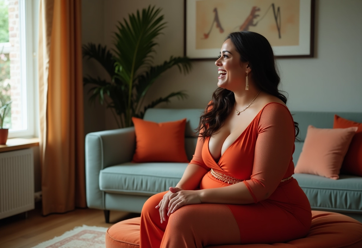 Femme souriante en salon moderne en tenue géométrique