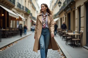 Femme élégante marchant dans une rue parisienne