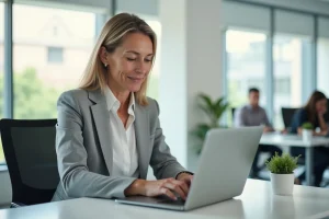 Femme professionnelle connectée à son espace personnel Colonna Facility sur un ordinateur portable dans un bureau moderne