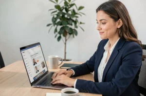 Femme professionnelle naviguant sur la liste des pages d'un site web professionnel sur un ordinateur portable au bureau