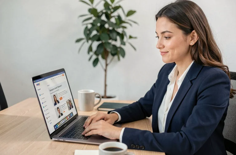 Femme professionnelle naviguant sur la liste des pages d'un site web professionnel sur un ordinateur portable au bureau
