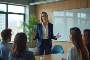 Femme en costume navy lors d'une réunion en bureau moderne