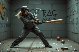 Femme en combinaison de protection frappant de la vaisselle dans une rage room à Villeurbanne, expérience de défoulement à Lyon