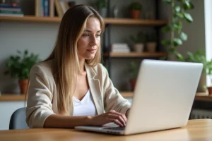 Jeune femme cherchant immobilier sur ordinateur dans un appartement cosy