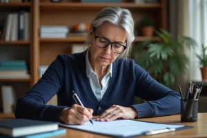 Femme remplissant le formulaire Cerfa H1 à son bureau à domicile avec un stylo