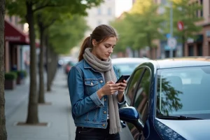 Jeune femme avec smartphone près d'une voiture en ville