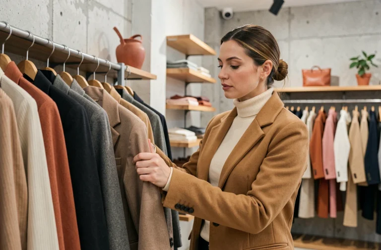 Femme élégante en manteau camel explorant les nouvelles tendances mode dans une boutique contemporaine aux murs en béton