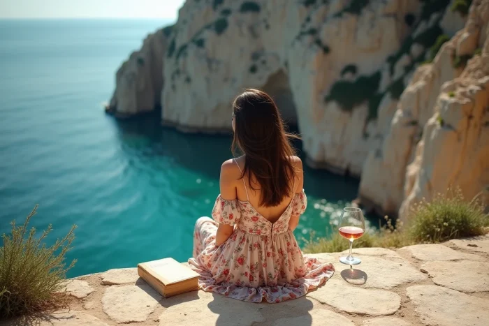 Femme contemplant les calanques de Marseille depuis une terrasse cachée lors d'un séjour romantique insolite en PACA