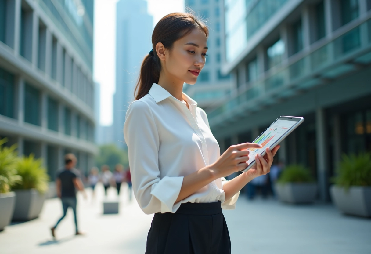 Jeune femme avec tablette dans un quartier financier