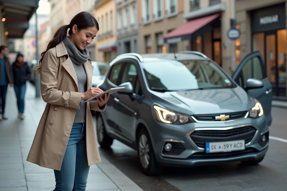 Jeune femme utilisant une tablette à côté de sa voiture en ville