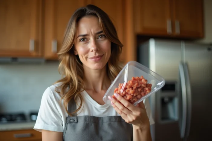 Femme inspectant une barquette de lardons en la sentant pour détecter une odeur de péremption dans une cuisine domestique