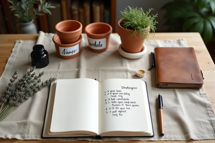 Vue de dessus d'un bureau créatif avec carnets manuscrits, étiquettes de plantes et calligraphie pour trouver un nom original de jardin