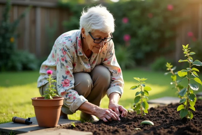 Grand-mère senior jardinant dans son potager, activité épanouissante pour le bien-être des personnes âgées en famille
