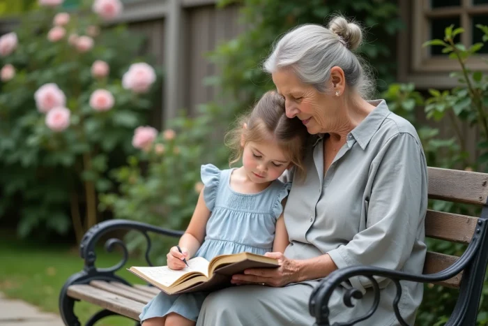 Grand-mère et petite-fille lisant ensemble un carnet de notes manuscrit sur un banc de jardin fleuri