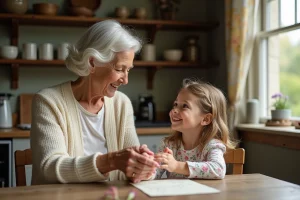 Grand-mère tenant les mains de sa petite-fille à une table en bois rustique avec une lettre manuscrite et des fleurs sauvages