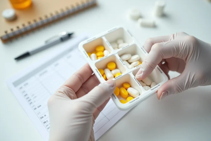 Gros plan sur des mains gantées remplissant un pilulier hebdomadaire avec des médicaments variés, fiche de soins visible en arrière-plan