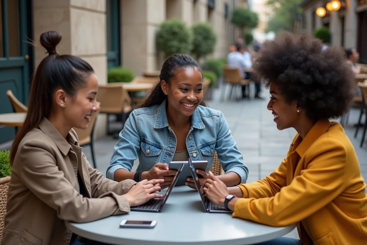 Trois jeunes professionnels discutant avec tablette en extérieur