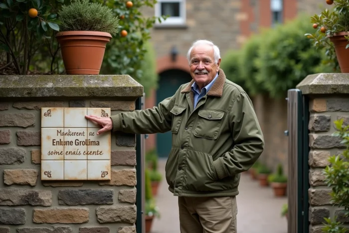 Homme âgé souriant devant l'entrée de son petit jardin avec un panneau en céramique personnalisé sur un mur en pierre couvert de mousse