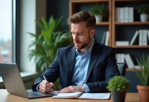 Homme en blazer analysant des graphiques financiers