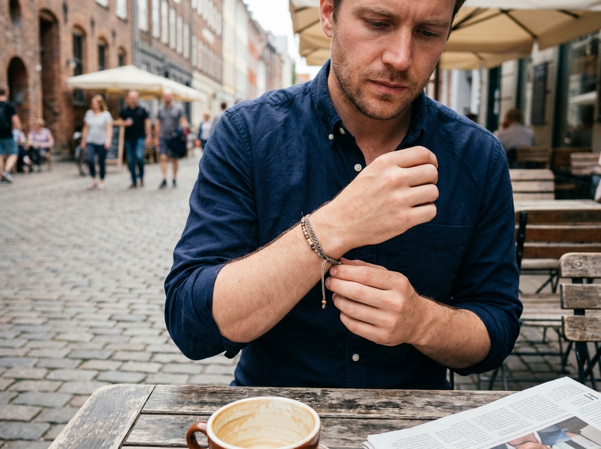 Homme ajustant un bracelet en cordon dans un café urbain