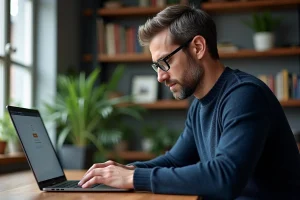 Homme concentré sur son ordinateur dans un bureau moderne