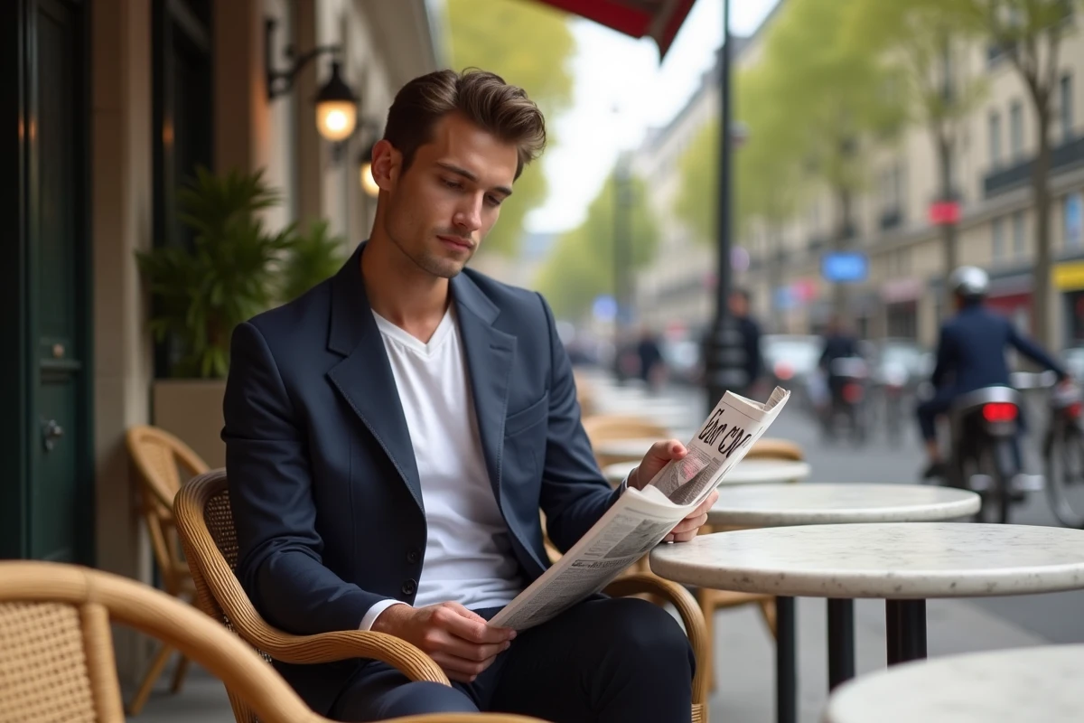 Homme lisant un journal dans un café parisien