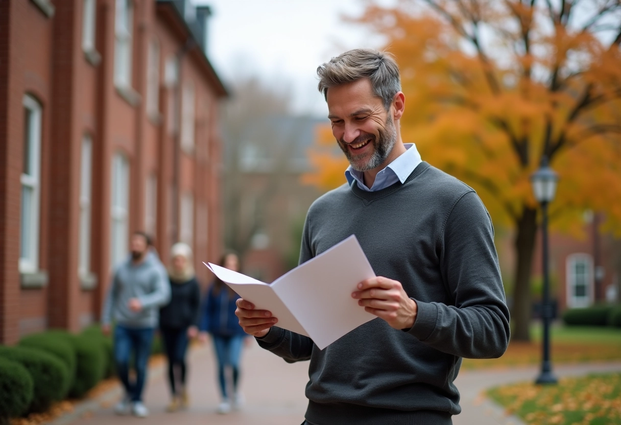 Homme étudiant dehors lisant une brochure dans un campus