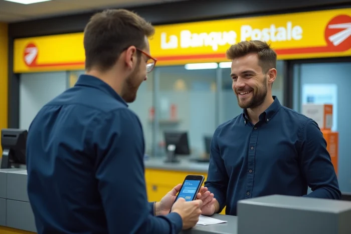 Homme demandant de l'aide à un conseiller La Banque Postale pour récupérer son identifiant bancaire