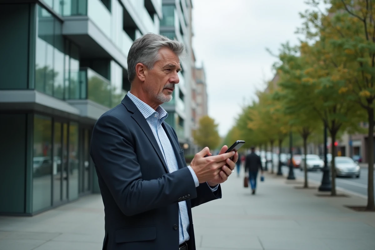 Homme d affaires regardant annonces immobilières dans la ville