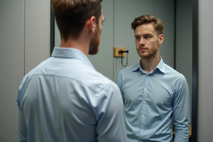 Homme dans une cabine d'essayage examinant l'ajustement d'une chemise trop serrée aux épaules
