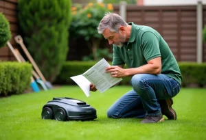 Homme d'âge moyen examinant un manuel pour robot tondeuse dans le jardin