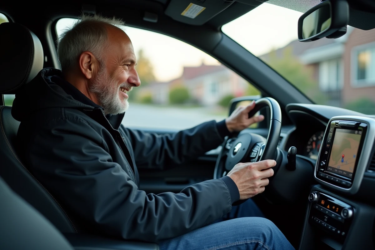 Homme vérifiant le GPS dans une voiture en quartier résidentiel