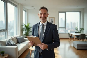 Homme d affaires souriant avec clés dans un appartement moderne