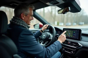 Homme de 40 ans utilisant le GPS dans une voiture moderne