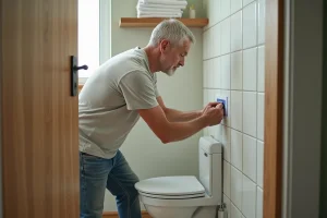 Homme appliquant du calfeutrage autour de la porte de toilettes