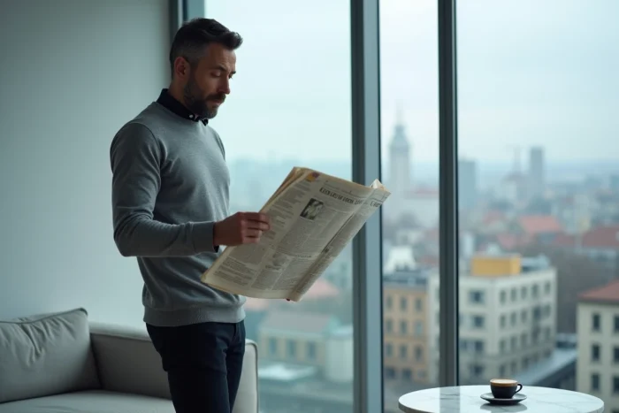 Homme lisant le journal du matin près d'une grande fenêtre dans un appartement moderne