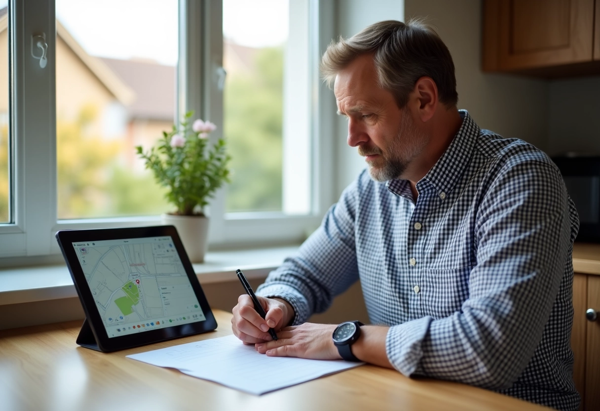 Homme prenant des notes près d une tablette avec vue de rue