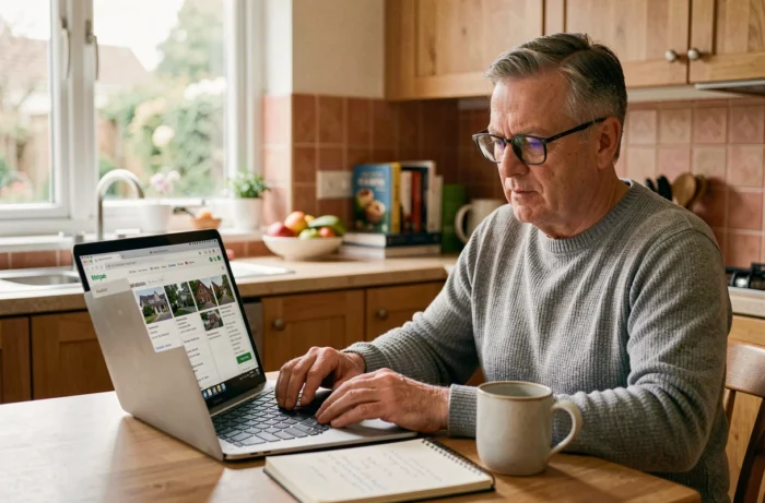 Homme consultant des annonces de location immobilière sur un ordinateur portable dans sa cuisine