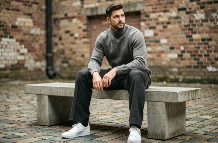 Homme stylé en tenue tendance automne assis dans une cour urbaine en pierre avec look minimaliste contemporain