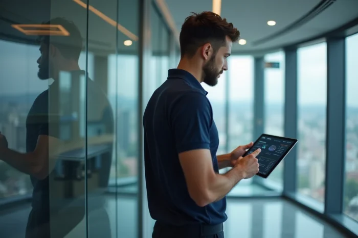 Homme en bureau utilisant une tablette pour gérer son espace personnel sur la plateforme Colonna Facility